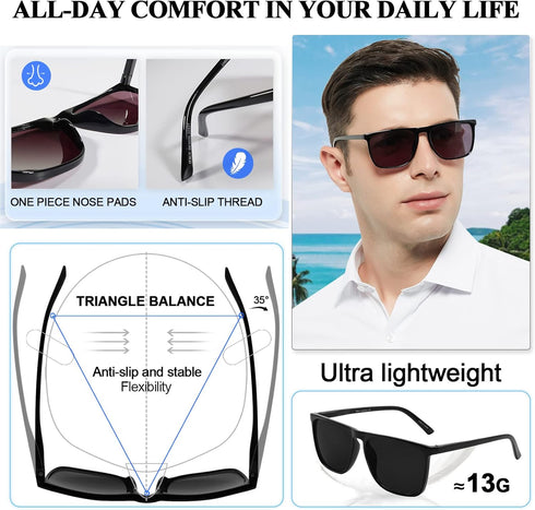 MARE AZZURO Large Square Reader Sunglasses, Men Outdoor Sun Reading Glasses, Black, 1.25