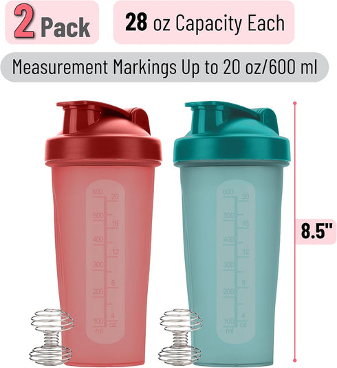 Mr. Pen Shaker Bottles for Protein Mixes, 28 oz, 2 Pack, Blue & Red, Protein Shaker Bottle with Wire Whisk Ball