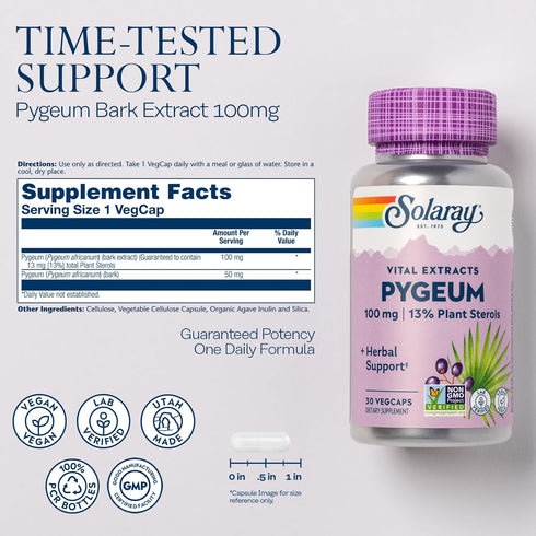 SOLARAY Pygeum Bark Extract, 100mg, One Daily for Healthy Prostate Support, 30 VegCaps