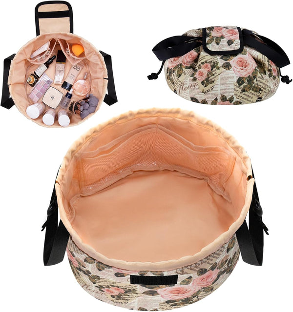 Barrel Drawstring Makeup Bag - Large Travel Cosmetic Organizer for Makeup Essentials and Hair Products (Rose Retro