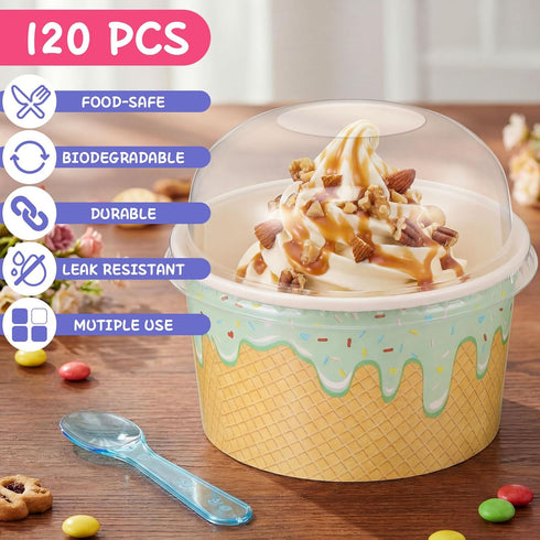 Jingmore 120 Set 8oz Ice Cream Paper Cups with Lids and Spoons, Disposable Sundae Bowls, Dessert Cups for Birthday