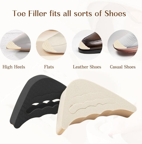 Shoe Inserts Foam Filler, 4 Pairs Adjustable Toe Inserts for Loose Shoes, Black and Beige