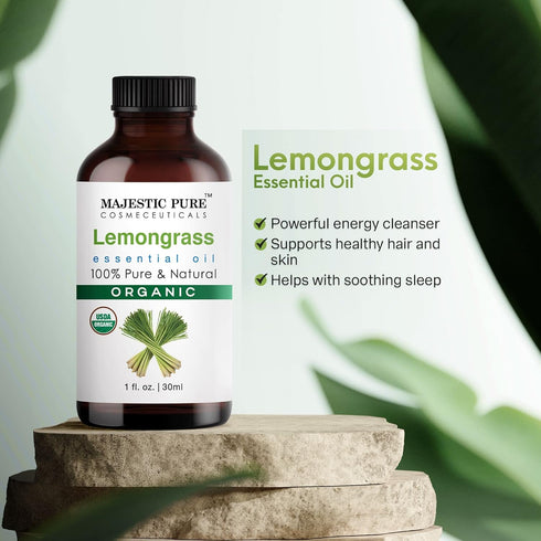Majestic Lemongrass USDA Organic Essential Oil - 100% Organic, Premium Quality Oil for Aromatherapy, 1 fl oz