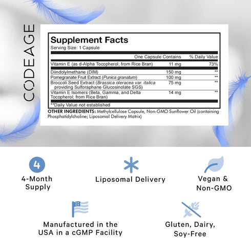 Codeage Liposomal DIM Supplement, 4 Months Supply of DIM Vitamins & Tocopherols - Gluten-Free - 120 Capsules