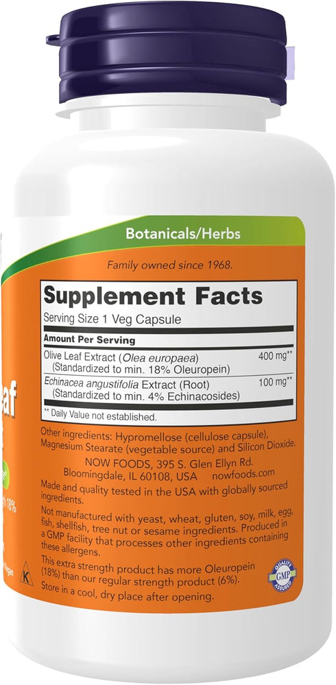 NOW Foods Supplements, Olive Leaf Extract with Echinacea Extract 4%, Extra Strength, 100 Veg Capsules