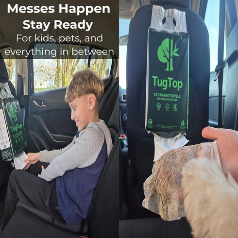 TugTop (3 Pack, 900 3 Eco Paper Towels Sheets + Hooks) | Portable Hanging Bag Dispenser, Bamboo & Wood Blend for Car