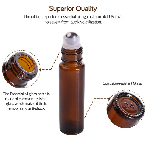 PrettyCare Essential Oil Roller Bottles 10ml Amber Glass 12 Pack with 2 Extra Roller Balls, Labels, Opener, Funnels