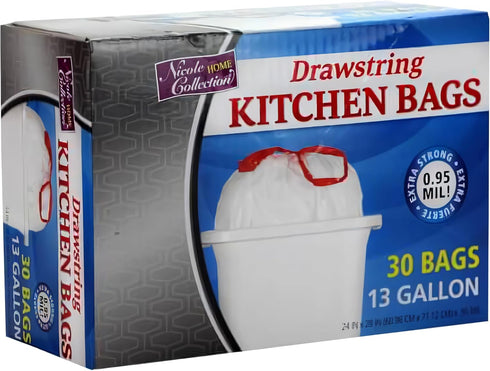 Strong Hold Superior Tall Kitchen Drawstring White Bags, 13 Gallon, Pack Of 30