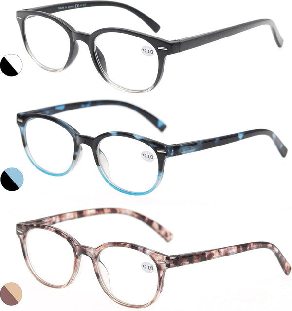 MODFANS Reading Glasses 1.25 Women 3 Pack, Spring Hinge Fashion Round with Pouch