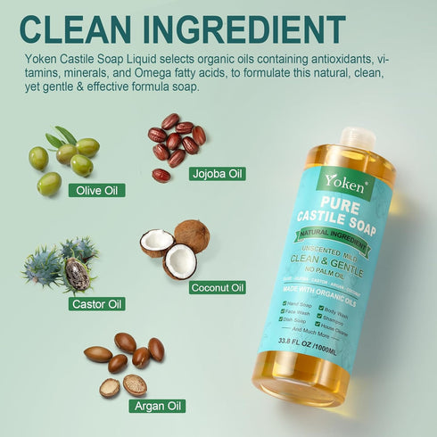 Yoken Pure Castile Soap Liquid, Unscented, 67 fl oz, Organic Oil, Vegan, Natural Multi-purpose Soap