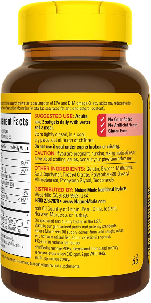 Nature Made Burp Less Fish Oil 1200 mg - 60 Softgels, Omega 3 Fish Oil for Healthy Heart Support, 30 Day Supply