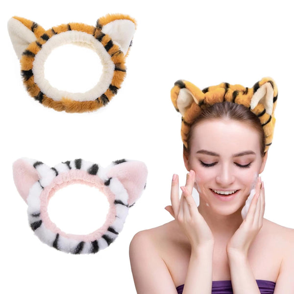 2 PCS Women Animal Ear Tiger Print Fuzzy Hairband, Elastic Stretch Head Wrap for Skincare Spa