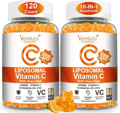 Vemluta 2 Pack Liposomal Vitamin C 2000mg Gummies Complex Rose Hips with D3