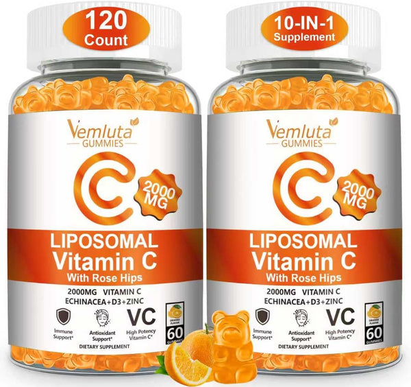 Vemluta 2 Pack Liposomal Vitamin C 2000mg Gummies Complex Rose Hips with D3