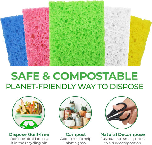 Biodegradable Cellulose Compressed Sponges - 32 Pack Heavy Duty Kitchen Cleaning Sponges