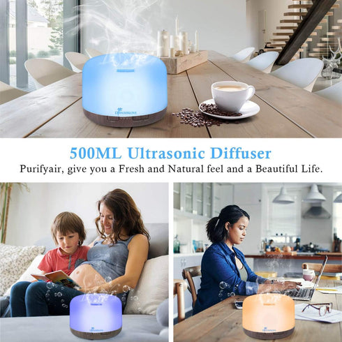 Diffuserlove Essential Oil Diffuser - 500ML Aromatherapy Diffuser, 7 Color LED Lights for Home Office Bedroom