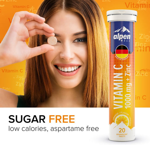 AlpenWell Vitamin C - 1000mg + Zinc - Immune Support Effervescent Vitamin Drink Tablet, Orange Flavor