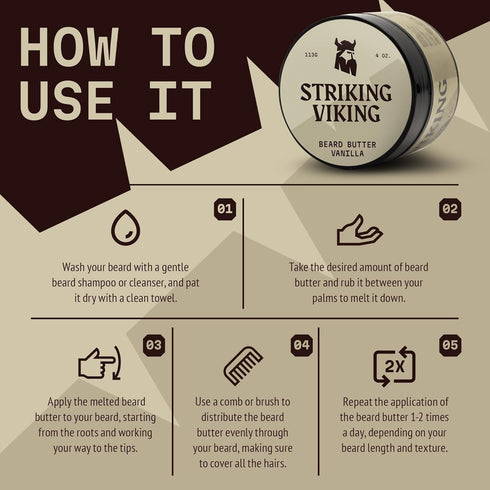 Striking Viking Beard Butter, Non Greasy Beard Cream for Men with Natural Ingredients, 4oz Vanilla Scent