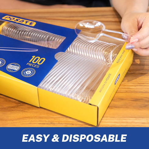 POSATE 7.1" Heavy Duty Plastic Spoons, Clear Disposable Teaspoons, 100 Count
