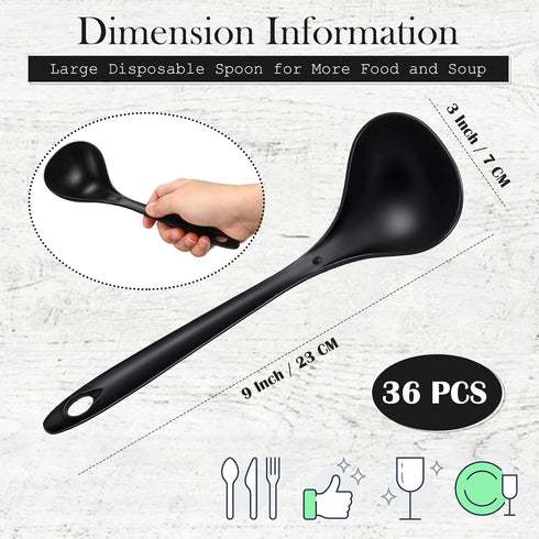36 Pieces Large Heavy Duty Disposable Plastic Serving Spoons Utensils Set Mixing Big for Party Catering Buffet Restaurant Dinner Soup Cooking Weddings Dishwasher Safe, 9" x 2.8", Black