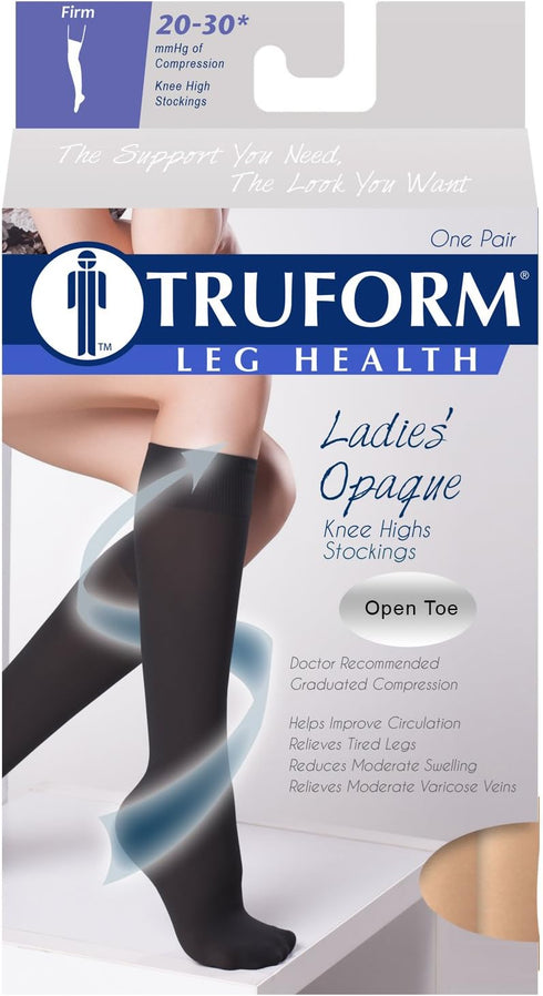 Truform Women's Compression Stockings, 20-30 mmHg, Thigh High Length, Open Toe, Opaque, Medium Beige