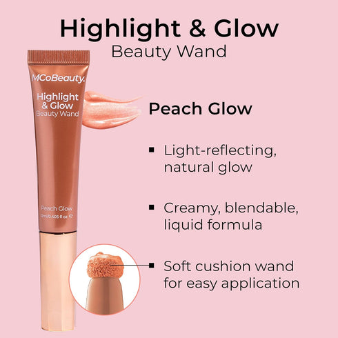 MCoBeauty Highlight & Glow Beauty Wand, Peach Glow, Luminous Highlight for Radiance Skin, Vegan, Cruelty Free Cosmetics