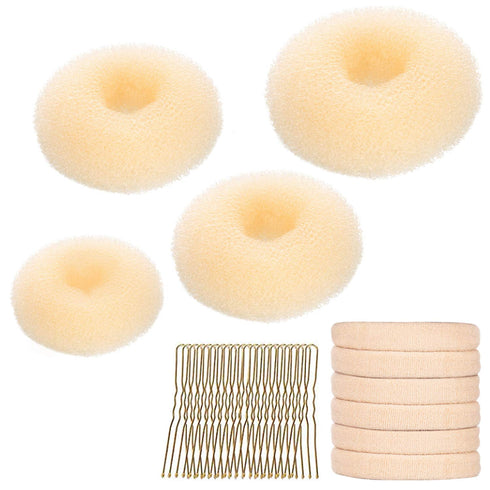 YaFex Hair Bun Maker Set, 3 Pieces (Small, Medium, Large), 6 Hair Elastics, 1 Bag Hairpins, Blonde