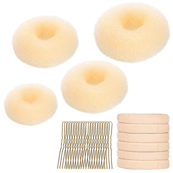 YaFex Hair Bun Maker Set, 3 Pieces (Small, Medium, Large), 6 Hair Elastics, 1 Bag Hairpins, Blonde