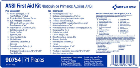 First Aid Only 90754 ANSI A 10-Person Emergency First Aid Kit - 71 Pieces for Home, Work, Travel