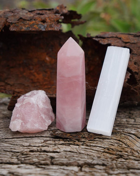 MIMOSA Healing Crystal Wand with Raw Rose Quartz & Selenite, Rose Quartz