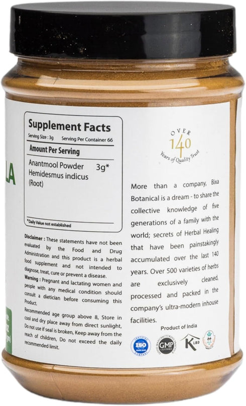 bixa BOTANICAL Sarsaparilla Root Powder | HEMIDESMUS INDICUS | Anantmool | 200 Grams | Ayurvedic Herbal Supplement