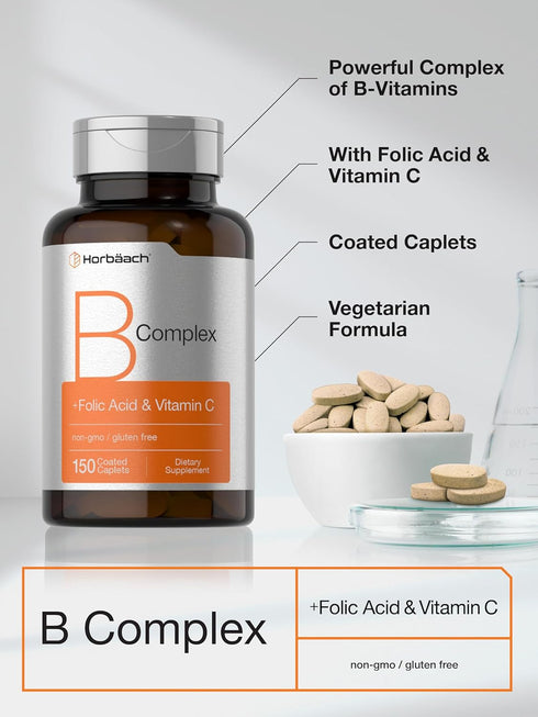 Horbaach B-Complex | 150 Caplets | Plus Folic Acid & Vitamin C | Non-GMO & Gluten Free Supplement