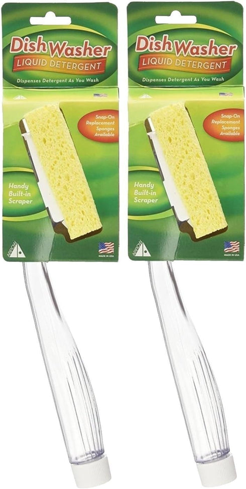 Arrow Home Products Dish Sponges with Soap Dispenser Handle, 2 Pack, Fillable Wand for Quick Cleaning