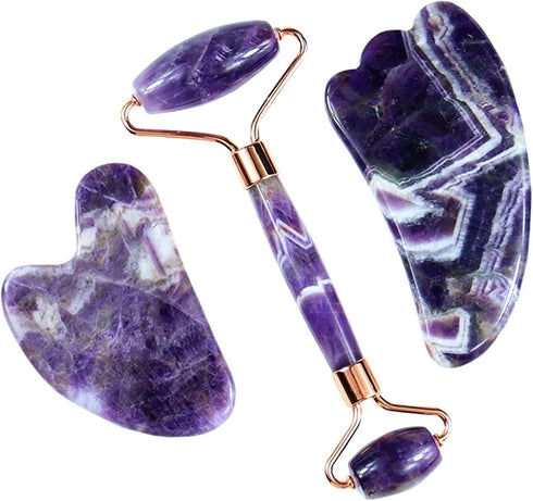 MESKEL Set 1 Amethyst Rough Stone Face Care Massage Tool Amethyst Roller Gua Sha Massage Natural Crystal Jade Massager