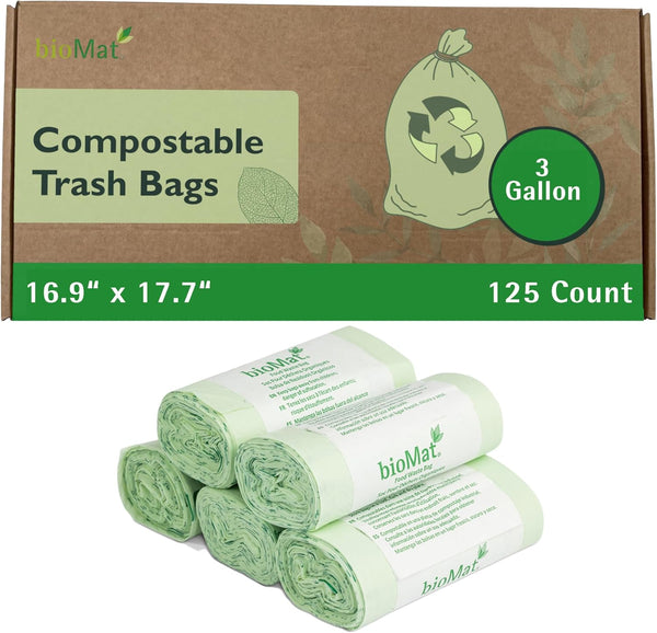 bioMat Compost Bags, 3 Gallon, 125 Count, BPI Certified ASTM D6400, Tear Resistant & Leak Proof