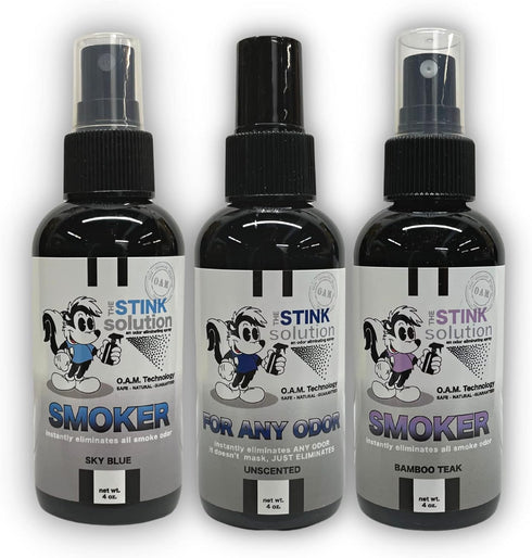 Smokers Odor Eliminating Spray, Completely Removes Smoke Odors, Three 4 oz Bottles, Bamboo Teak, Sky Blue
