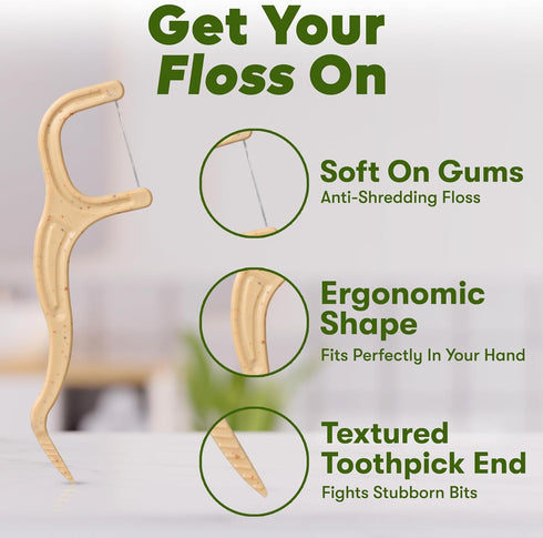 Unflavored Dental Floss Picks, Biodegradable Plastic Free Tooth Flosser for Adults & Kids, Natural Vegan