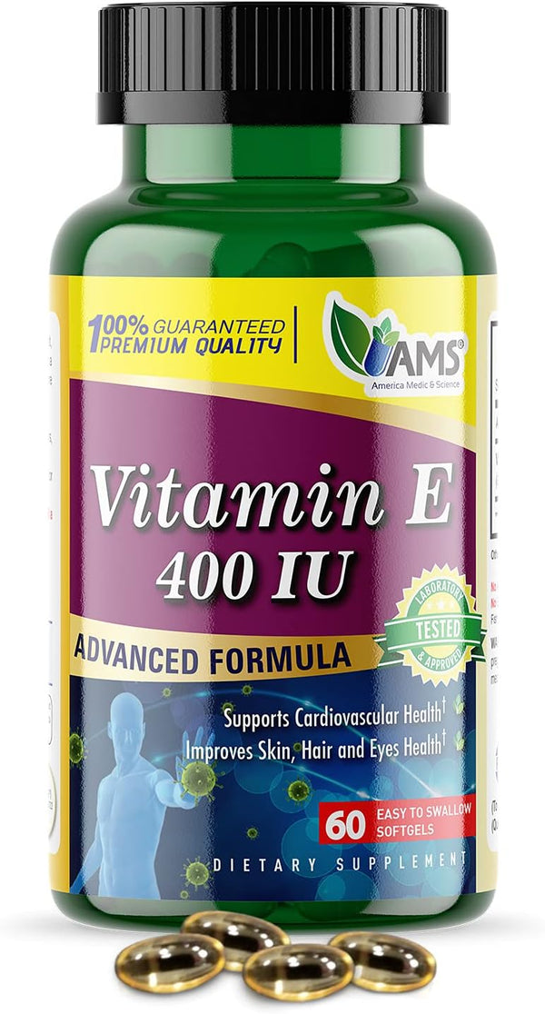 America Medic & Science Vitamin E 400 IU, 60 Softgels Dietary Supplement for Heart Health & Immune System Support
