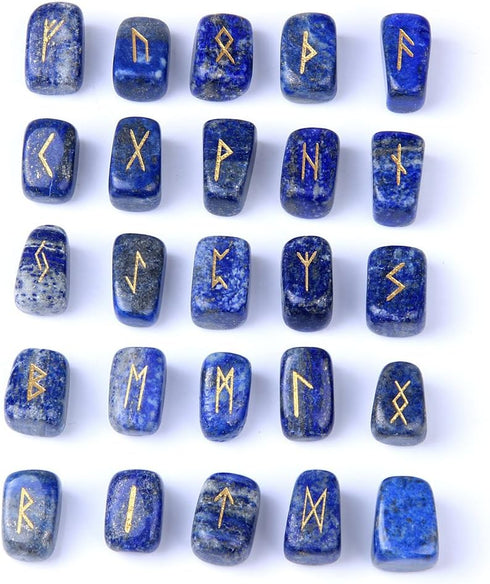TGS Gems RN001 Lapis Lazuli Rune Stones Set, Engraved Pagan Lettering with Instruction Booklet