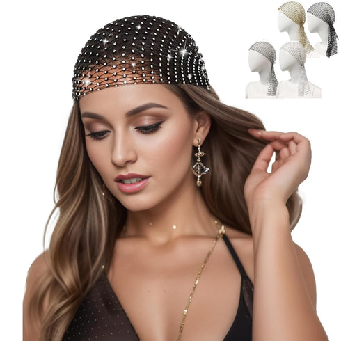 Rhinestone Head Scarf for Women Bling Hats Sparkle Hair Cap Hat Rave Turban Headband Crystal Mesh Snood Concert Headpiece Diamond Bandana (Silver)