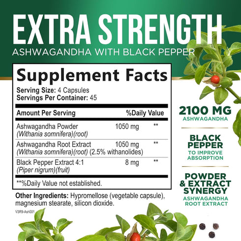 Herbal Ashwagandha 2,100 mg, Extra Strength Unwind, Calm & Relax Support, Vegan, Gluten Free, 180 Capsules