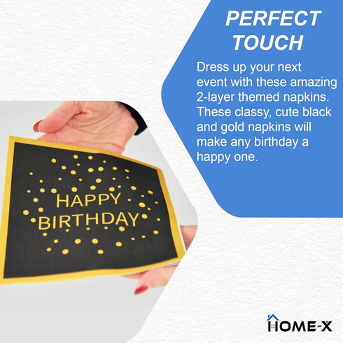 HOME-X Happy Birthday Black and Gold Paper Napkins - Square Party Napkins, 48 Count