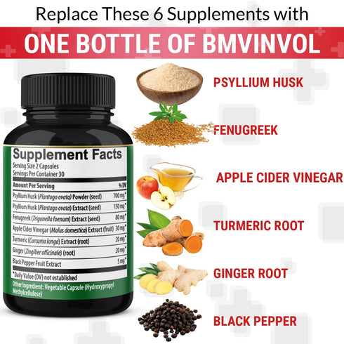 BMVINVOL Psyllium Husk Fiber Supplement t with Fenugreek, Apple Cider Vinegar, Turmeric, Ginger, Black Pepper- Digestion Health Support - 60 Capsules
