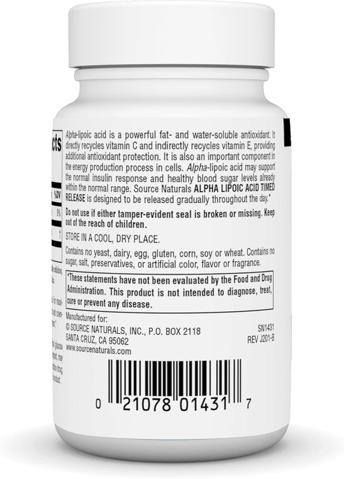 Source Naturals Alpha Lipoic Acid 300 mg, Supports Healthy Sugar Metabolism & Energy, 30 Time Release Tablets