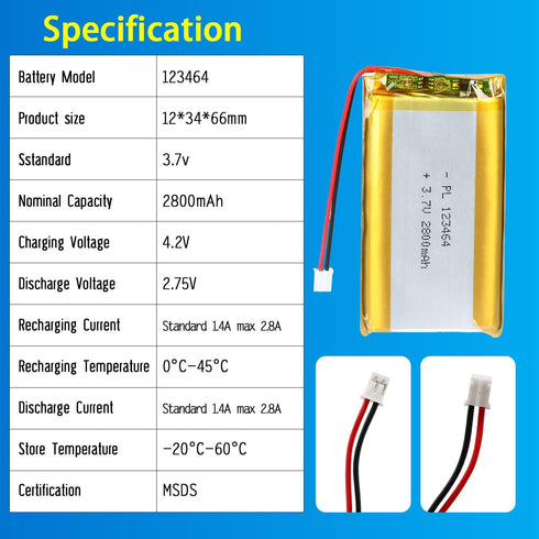 123464 3.7V Lipo Battery 2800mAh Rechargeable Lithium Polymer Pack with JST PH2.0mm Connector for Devices
