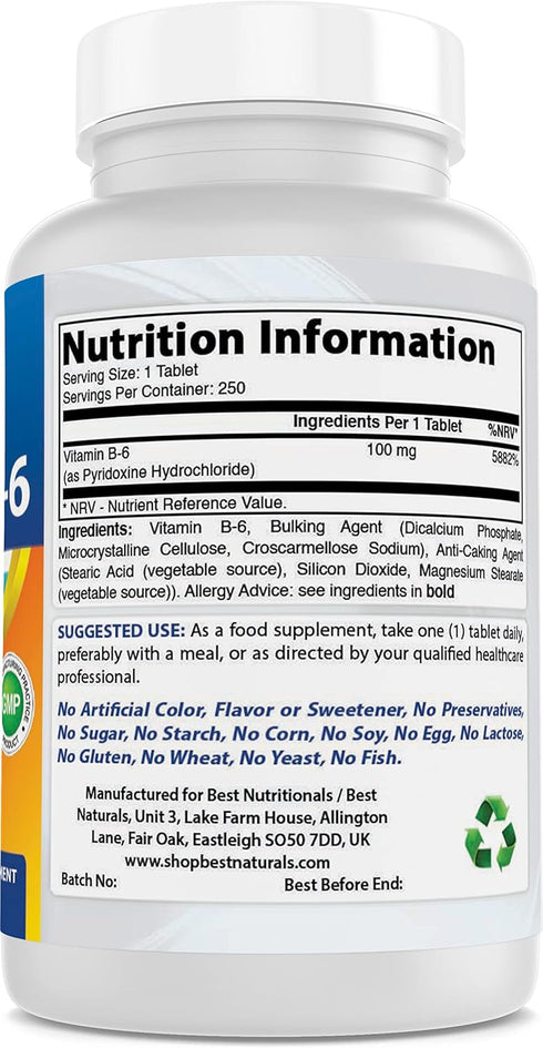 Best Naturals 100 mg Vitamin B6 Tablet, 250 Count