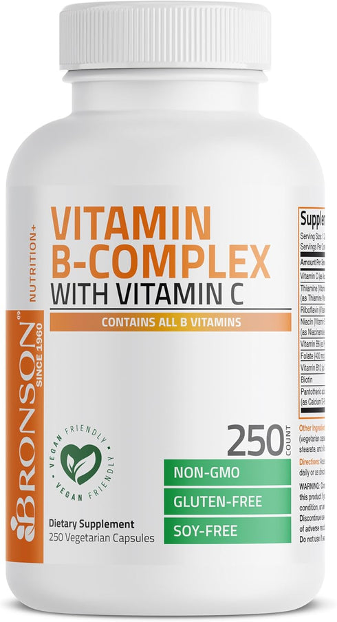 Bronson Vitamin B Complex with Vitamin C, Immune Health, Energy Support, 250 Vegetarian Capsules