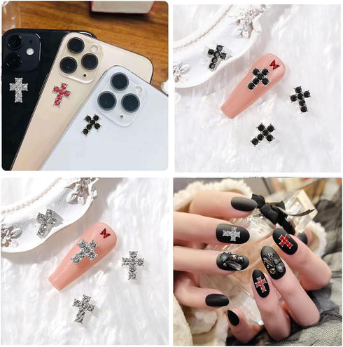 Crystal Cross Nail Charms - y2k Silver Crystal Cross Nail Art, 3D Pink Charms for DIY Designs Supplies