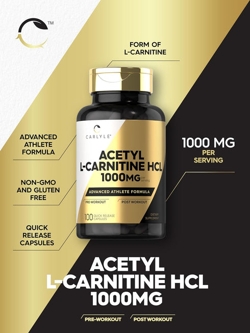 Carlyle Acetyl L-Carnitine HCL Capsules 1000mg | 100 Count | Gluten Free, Non-GMO Supplement