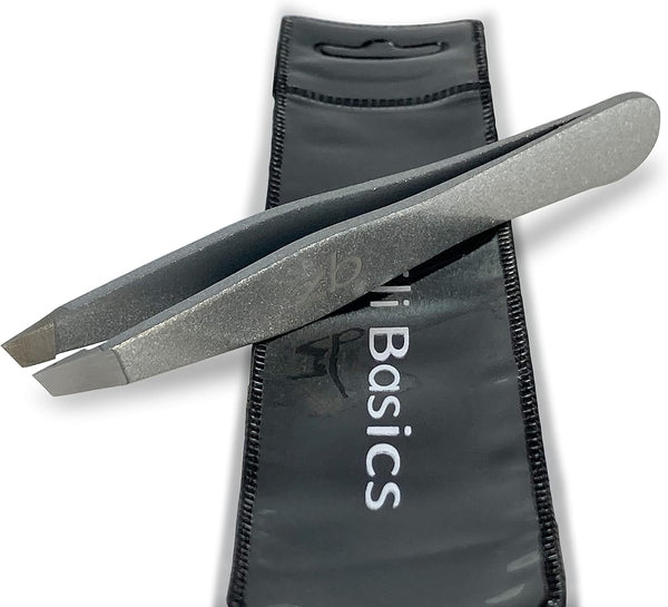 Surgical Grade Stainless Steel Tweezers, Slant Tip for Eyebrow Shaping, Bonus Protective Pouch